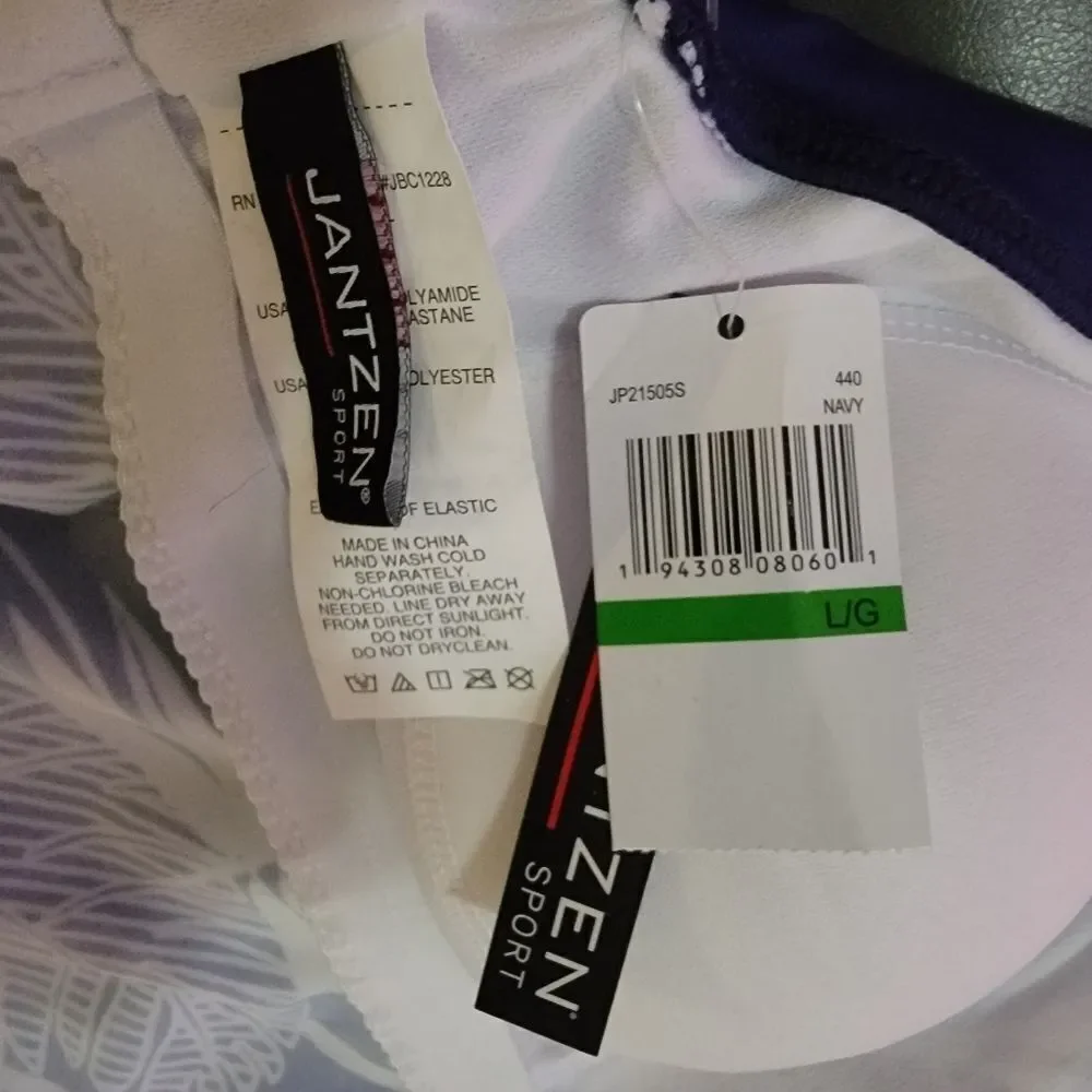 Jantzen High Neck Navy White Palm Tankini Top Navy Drawstring side tie b…